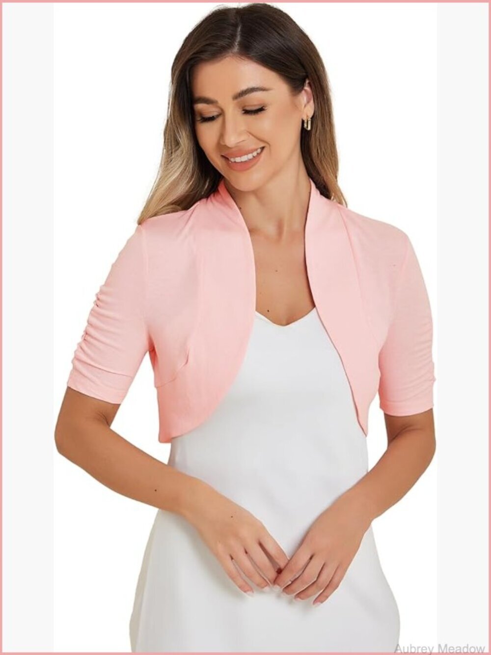 Short Sleeve Open Front Cropped Bolero Cardigan Shrug Ruched Sleeve